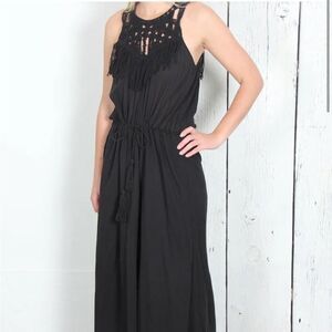 ULLA JOHNSON Miro Fringe Black Crochet Maxi Dress in Black Size 4